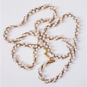 Vintage Signed Napier Faux Pearl Necklace with Gold Tone Braided Chain 30”